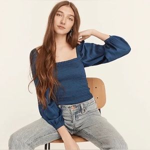 J Crew 🌊 Squareneck Smocked Featherweight Satin Cropped Balloon Sleeve Top